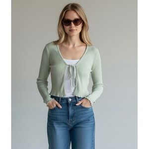 SHEIN Sage Green Medium Ribbed Tie Front Cropped Cardigan Long Sleeve